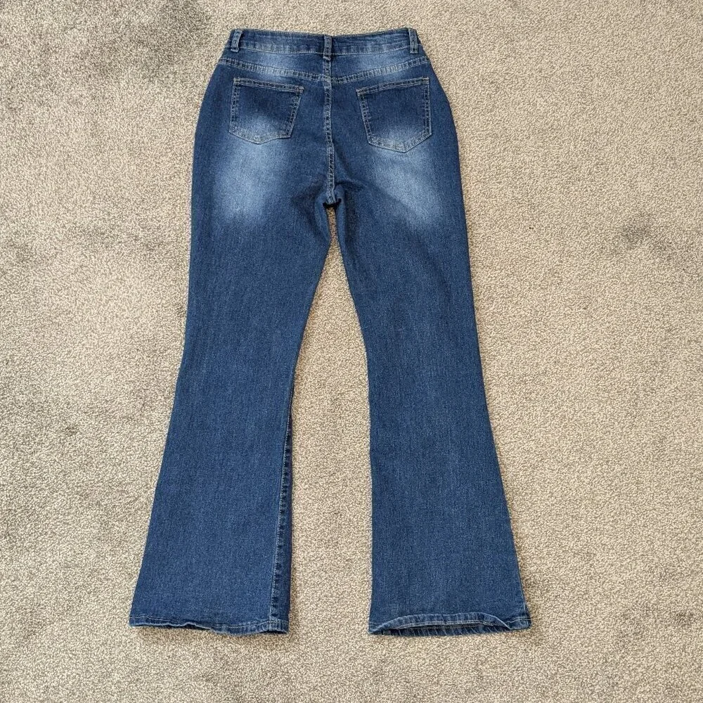 Blue Denim High Rise Button-Fly Flare Leg Jeans; Girl's Size M